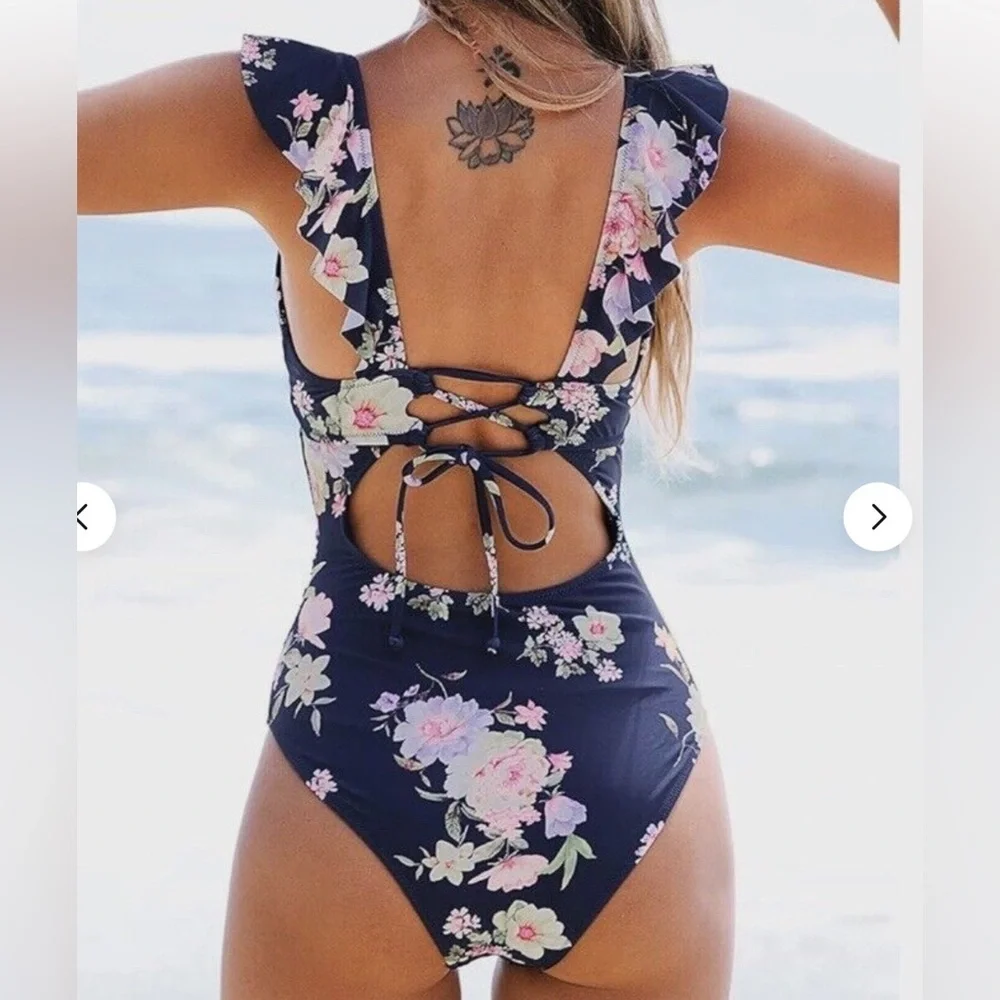 Women One Piece Swimsuit Tummy Control Bathing Suit Ruffled Swimwear XL NWT
